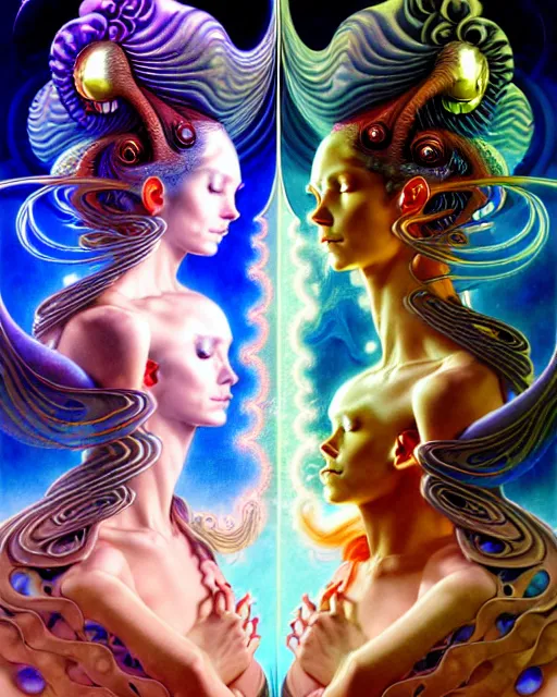 Image similar to a portrait of gemini water and fire fantasy character portrait made of fractals facing each other, wearing flowing robes, ultra realistic, wide angle, intricate details, the fifth element artifacts, highly detailed by peter mohrbacher, hajime sorayama, wayne barlowe, boris vallejo, aaron horkey, gaston bussiere, craig mullins