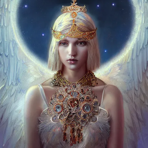 Image similar to A beautiful digital painting of a female Seraphim full of jewels, princess, the moon behind her, intricate, cinematic lighting, highly detailed, digital painting, Artstation, concept art, smooth, sharp focus, illustration, art by Tom Bagshaw, Artgerm and Greg Rutkowski