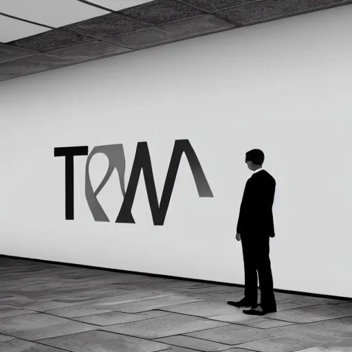 Image similar to a realistic photo of a minimalist logo on a wall that spells out the tie, research firm, black and white, downlight