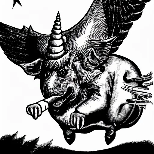 Image similar to winged flying pig with unicorn horn, richard corben style, black and white, stipple