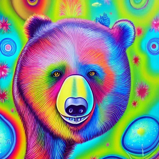 Image similar to a painting of a bear in a tree, an airbrush painting by lisa frank, trending on deviantart, psychedelic art, detailed painting, airbrush art, acrylic art