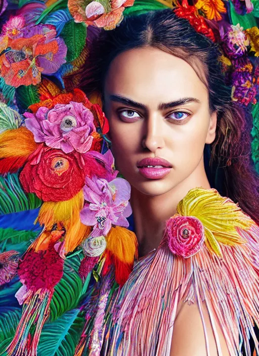 Image similar to beautiful portrait of Irina Shayk wearing fantastic Hand-dyed cotton dress,embellished beaded feather decorative fringe knots ,colorful pigtail,subtropical flowers and plants,dramatic lighting,symmetrical face,intricate,elegant,highly detailed,8k,post-processing,digital painting,trending on artstation, GUCCI,PRADA,concept art, sharp focus, illustration, by artgerm,Tom Bagshaw,Lawrence Alma-Tadema,greg rutkowski,alphonse Mucha