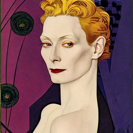 Image similar to a portrait by coles phillips of the stunningly beautiful actree, tilda swinton, mucha, kandinsky, art deco, decadence,