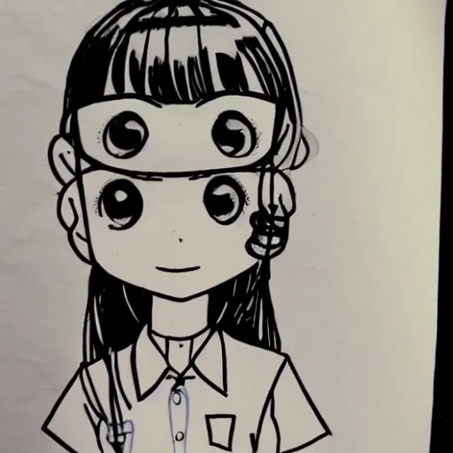 Image similar to a perfect professional sketch of a funny and cute Japanese schoolgirl, by ink pen with a few colored pens, in style of Disney Pixar, CalArts, on high quality paper