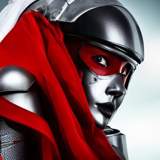 Prompt: headshot of an beautiful female soldier in glossy sleek primarily white armor with tiny red details and a long red cape, upward angle, determined expression, no helmet, on the surface of mars, night time, cinematic, sci-fi, hyperrealistic