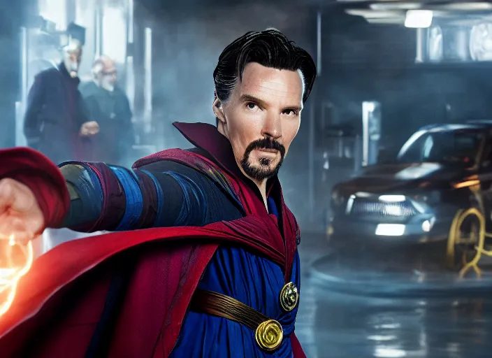 Image similar to film still of Doctor Strange working at a car wash in the new Avengers movie, 4k