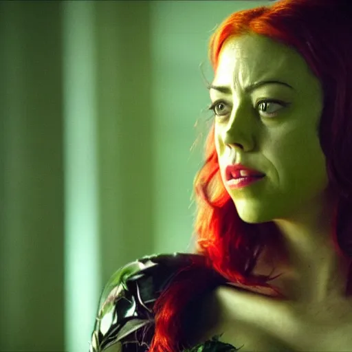 Image similar to film still of Aubrey Plaza as Poison Ivy in The Dark Knight, green skin, 4k