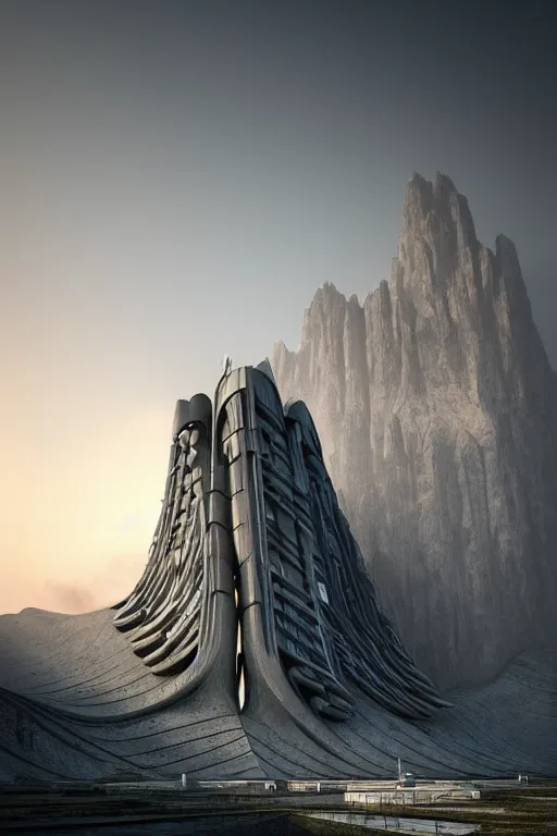 Image similar to sci - fi concrete brutalist architecture in the italian dolomites, zaha hadid, beksinski, photoreal, highly detailed, 8 k, hd, vray, artstation, trending on behance, cinematic matte painting, extreme detail photo quality, sunset, featured on behance