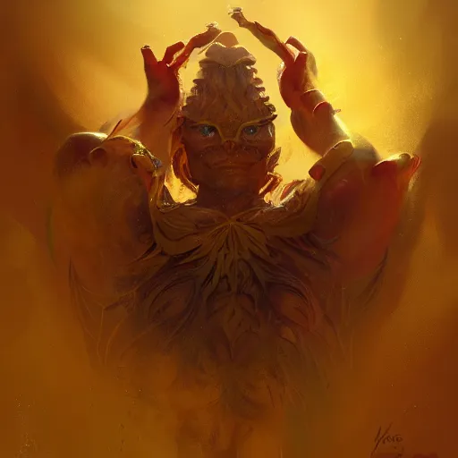 Image similar to fanatic sect acolyt of a golden frog god, d & d, fantasy, portrait, digital painting, trending on artstation, concept art, sharp focus, illustration, art by artgerm and greg rutkowski and magali villeneuve