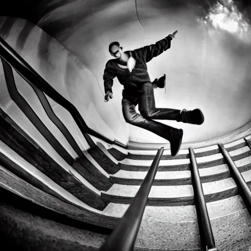 Image similar to a Biblically correct angel doing a kick flip down some stairs fish eye lens