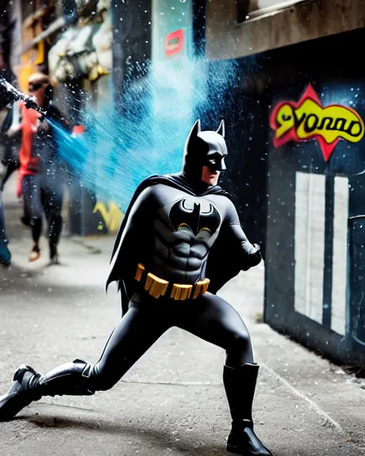 Image similar to happy batman firing super soaker water gun in an alleyway, everyone having fun, product advertisement, photography