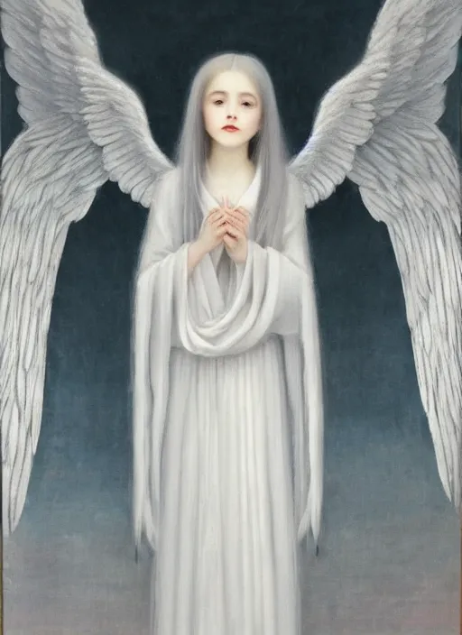 Prompt: thin young beautiful angel with silver hair so long, pale!, wearing white robes!, wearing silver hair, silver angel wings, young adorable korean face, silver hair!!, oil on canvas, style of fernand khnopff, 4 k resolution, aesthetic!,