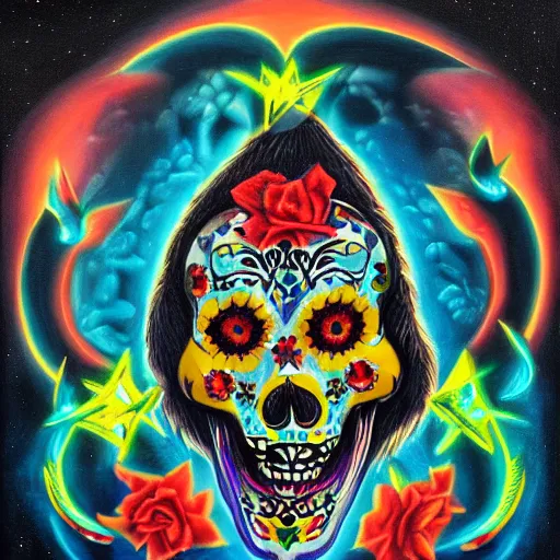 Prompt: a realistic portrait of dia de los muertos fox skull character, themed on the stars and moon, painting by jeff easley, stylized, black light, neon, black velvet, bowling alley carpet, dnd beyond