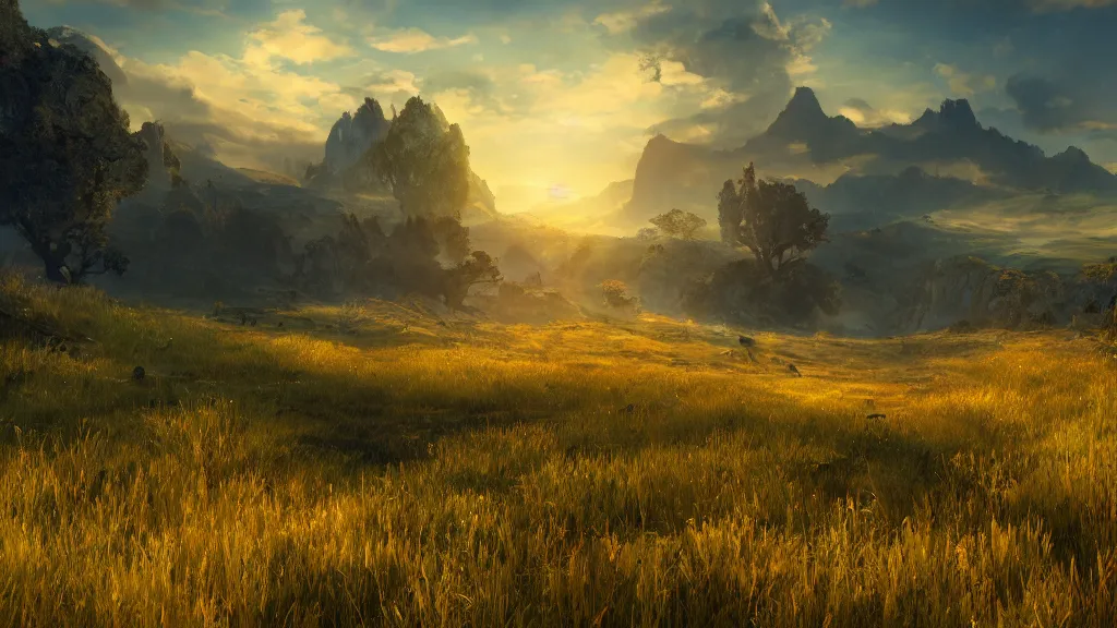 Prompt: golden grasslands, fantasy artwork, very very very beautiful scenery, hd, hdr, ue5, ue6, unreal engine 5, cinematic 4k wallpaper, 8k, ultra detailed, high resolution, artstation, award winning