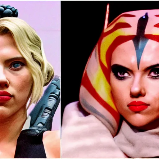 Prompt: Scarlett Johansson cosplaying ahsoka tano at a convention, 35mm