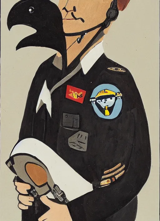 Image similar to a jet pilot with a crow head