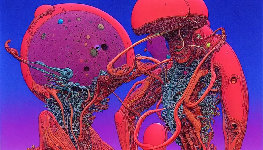 Image similar to ( ( ( ( a humanoid creature from another planet. ) ) ) ) by mœbius!!!!!!!!!!!!!!!!!!!!!!!!!!!, overdetailed art, colorful, artistic record jacket design