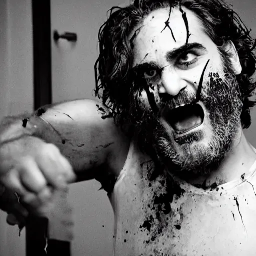 Prompt: joaquin phoenix with a crazed look and blood dripping from his face