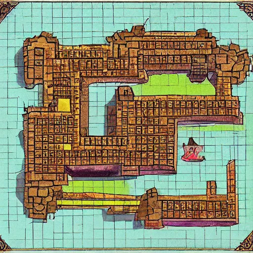Image similar to D&D map of a village on fire, top down, square grid