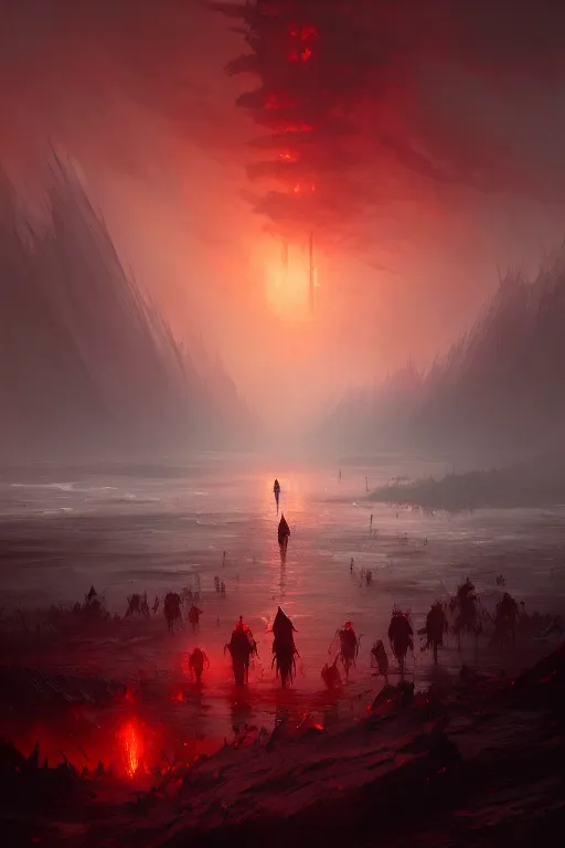 Image similar to bloody river in hell, by greg rutkowski, people walking into the horizon, trending on artstation