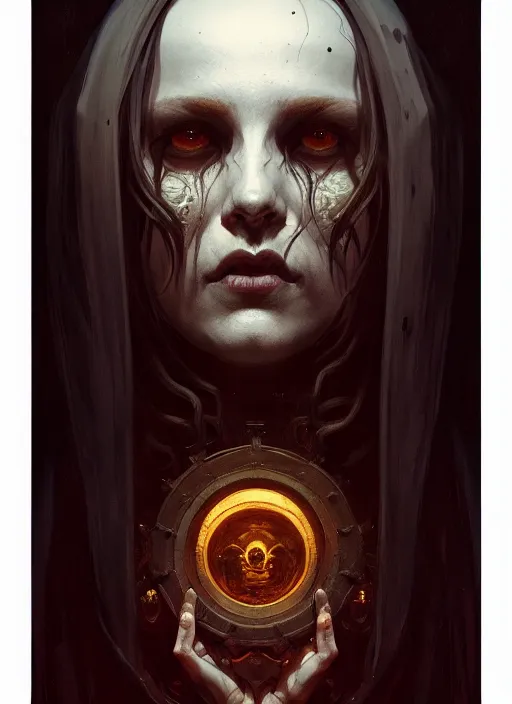 Image similar to symmetry!! portrait of a necromancer, horror, dark moody lights!! intricate, scary, highly detailed, digital painting, artstation, concept art, smooth, sharp focus, illustration, art by greg rutkowski and alphonse mucha
