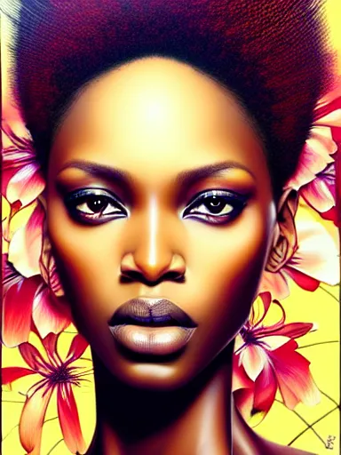 Image similar to a portrait of african supermodel with a floral background by karol bak, artgerm, moebius, yoji shinkawa : : portrait, illustration, photorealism, hyperrealism