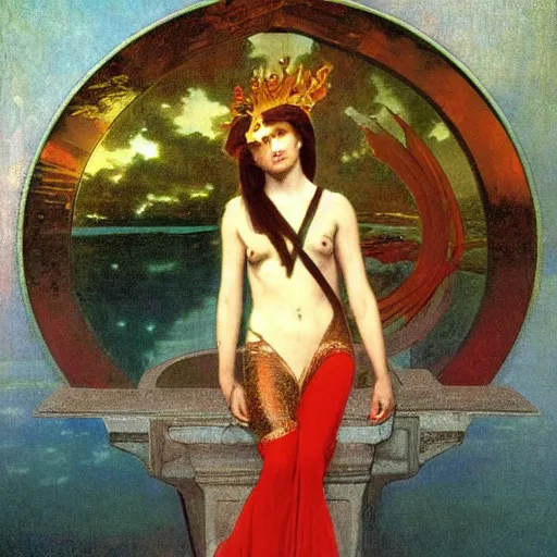 Image similar to Demon Girl at the palace, refracted sparkles, thunderstorm, greek pool, beach and Tropical vegetation on the background major arcana sky, by paul delaroche, alphonse mucha and arnold böcklin, hyperrealistic 8k, award-winning, very very very detailed