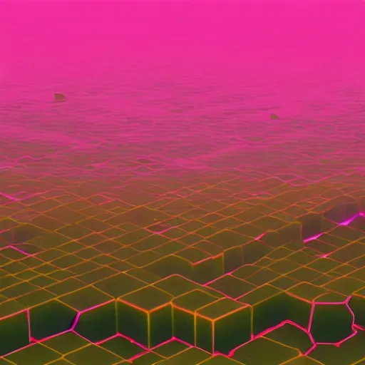 Prompt: a landscape of vertical hexagonal cylinders stretching to infinity, vaporwave, neon, raytraced, shiny, detailed, 4k