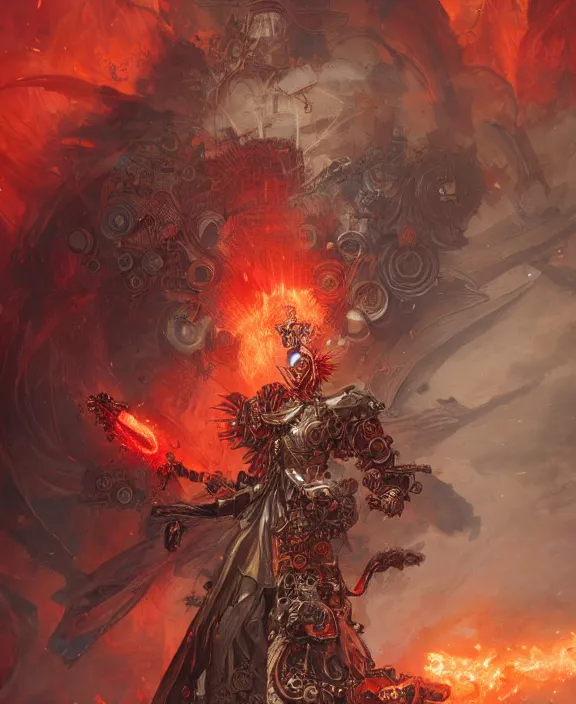 Prompt: a detailed character concept of a steampunk crystalline dark lord wreathed in red smoke by Moebius and Peter Mohrbacher, 4k resolution, photorealistic