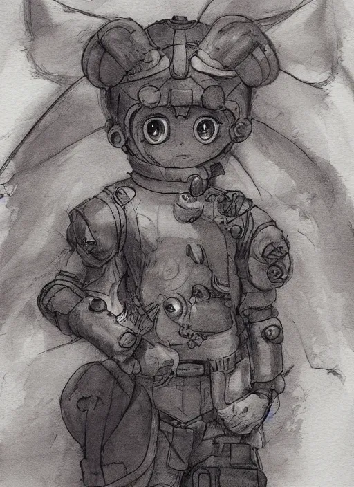 Image similar to beautiful little boy wearing an cyborg bear suit, artwork in kentaro miura and made in abyss and rosdraws, smooth, beautiful lightness, anatomically correct, trending on pixiv, forest