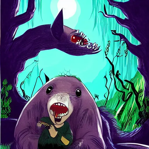 Image similar to a giant bat monster eating a baby harp seal, dark alien world with deep purple and green vines, swamp, genndy tartakovsky, primal, scary lighting, clear focus, very coherent