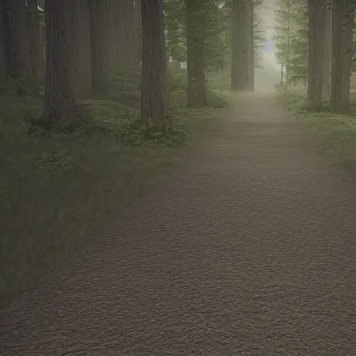 Prompt: a shoe on a path in the middle of a forest, dark, unreal engine