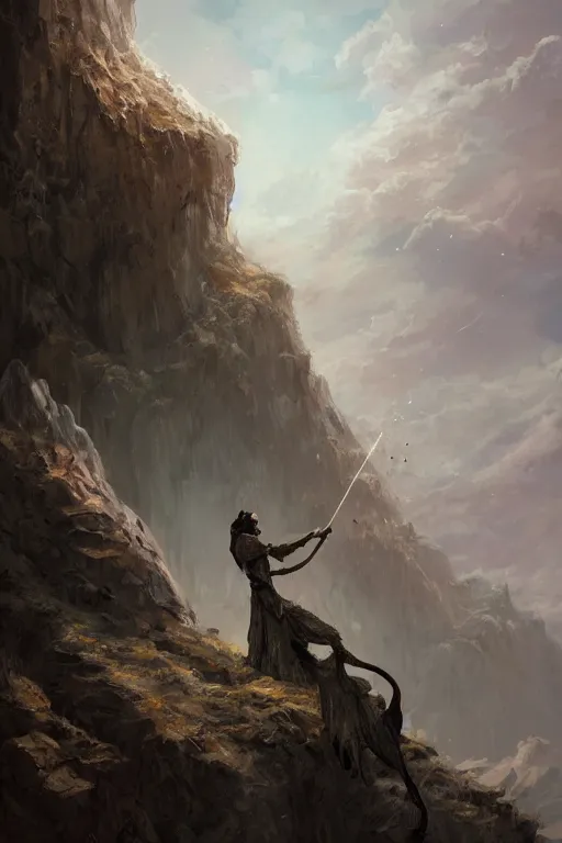 Image similar to profile view, a necromancer on a cliff with a staff casts a spell that reveals the secret of life the universe and everything, dirty linen robes, staff of bones, grizzled bearded withered man by jessica rossier and hr giger