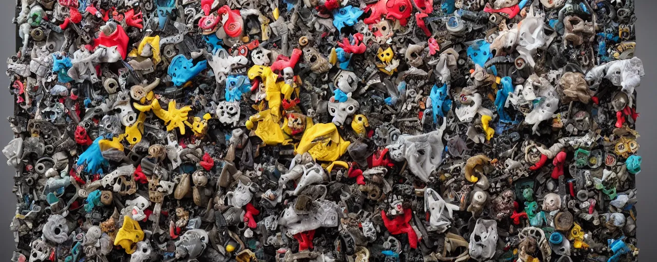 Prompt: a piece of plastiglomerate made from rubber gloves warhammer figures and face masks, photographic, highly detailed