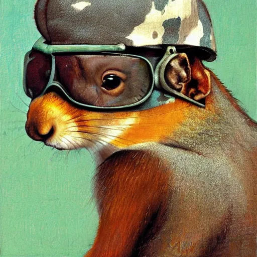 Prompt: portrait painting of a squirrel wearing a ww 2 aviators cap, looking at camera, 8 k, by norman rockwell,