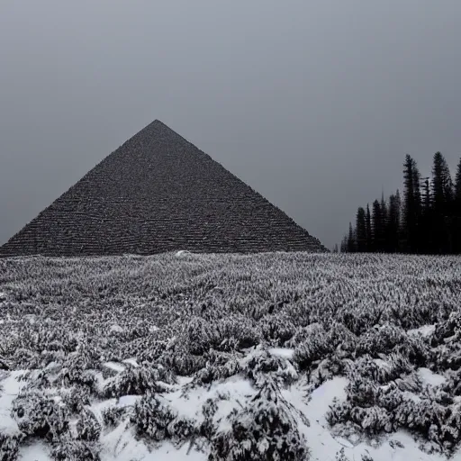 Image similar to a monolithic pyramid on the horizon in a taiga. overcast sky, snowing.