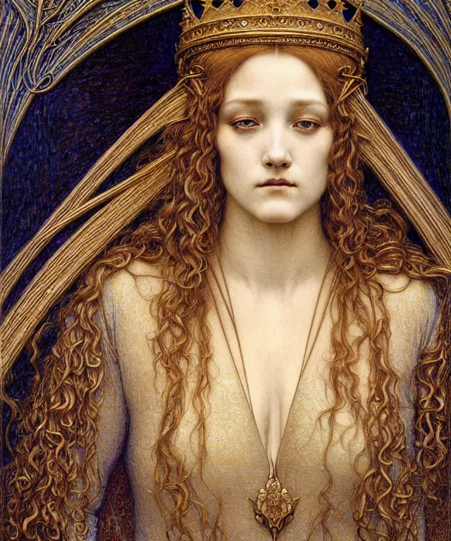 Image similar to detailed realistic beautiful young medieval queen face portrait by jean delville, gustave dore and marco mazzoni, art nouveau, symbolist, visionary, gothic, pre - raphaelite. horizontal symmetry