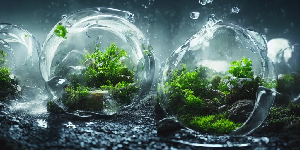 Image similar to terrarium photograph, a pipe flowing with milky liquid, central composition, fluid, ultra clear material, volumetric light, lightrays, cinematic, atmospheric, 3 d concept art, octane render, beautiful, cinematic lighting, intricate details.