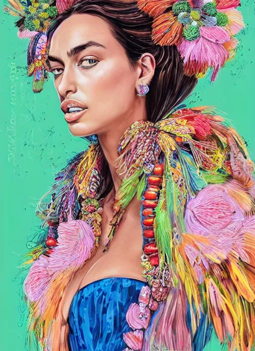 Prompt: beautiful portrait of Irina Shayk wearing fantastic Hand-dyed cotton dress,embellished beaded feather decorative fringe knots ,colorful pigtail,subtropical flowers and plants,symmetrical face,intricate,elegant,highly detailed,8k,post-processing,digital painting,trending on pinterest, GUCCI,vogue,concept art, sharp focus, illustration, by artgerm,Tom Bagshaw,Lawrence Alma-Tadema,greg rutkowski,alphonse Mucha