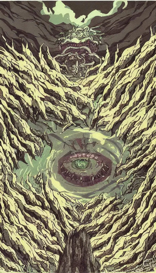 Prompt: a storm vortex made of many demonic eyes and teeth over a forest, by studio ghibli