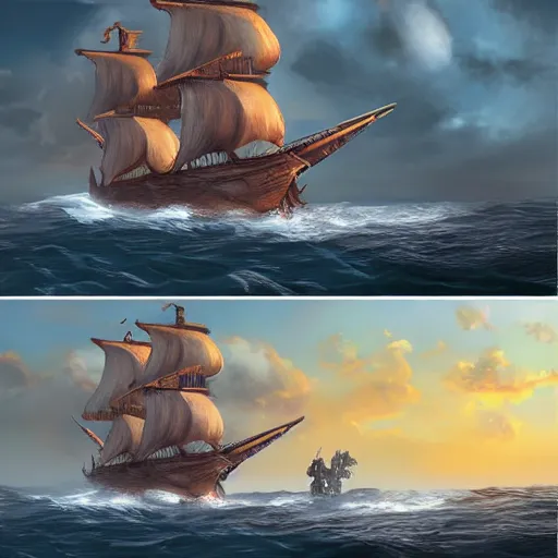 Prompt: pirate sloop, heavy winds, huge waves, kraken tentacles, sunset, concept art by ricardo robles