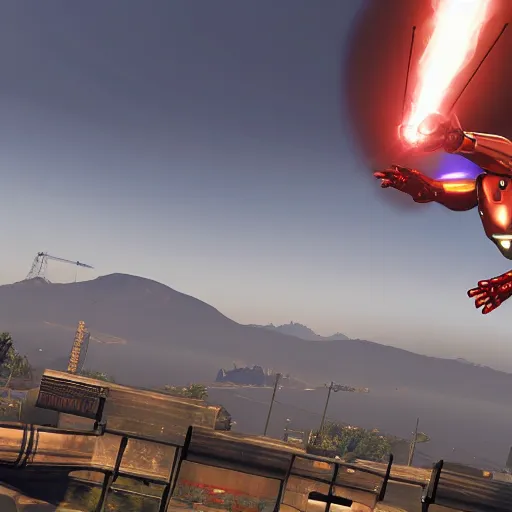 Image similar to iron man in gta v, nuclear explosion, epic battle, realism, mushroom cloud