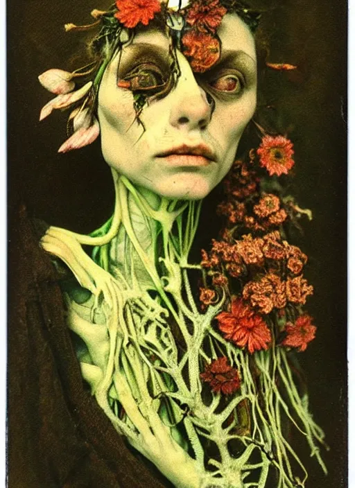 Image similar to beautiful and detailed rotten woman made of plants and many different types of flowers, muscles, intricate, organs, ornate, surreal, miguel angel, gustave courbet, caravaggio, romero ressendi, van gogh, 1 9 1 0 polaroid photo