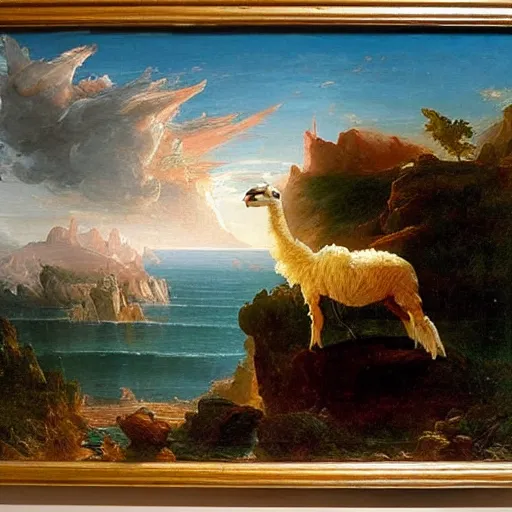 Prompt: oil painting by thomas cole of the voyage of life but with a llama.