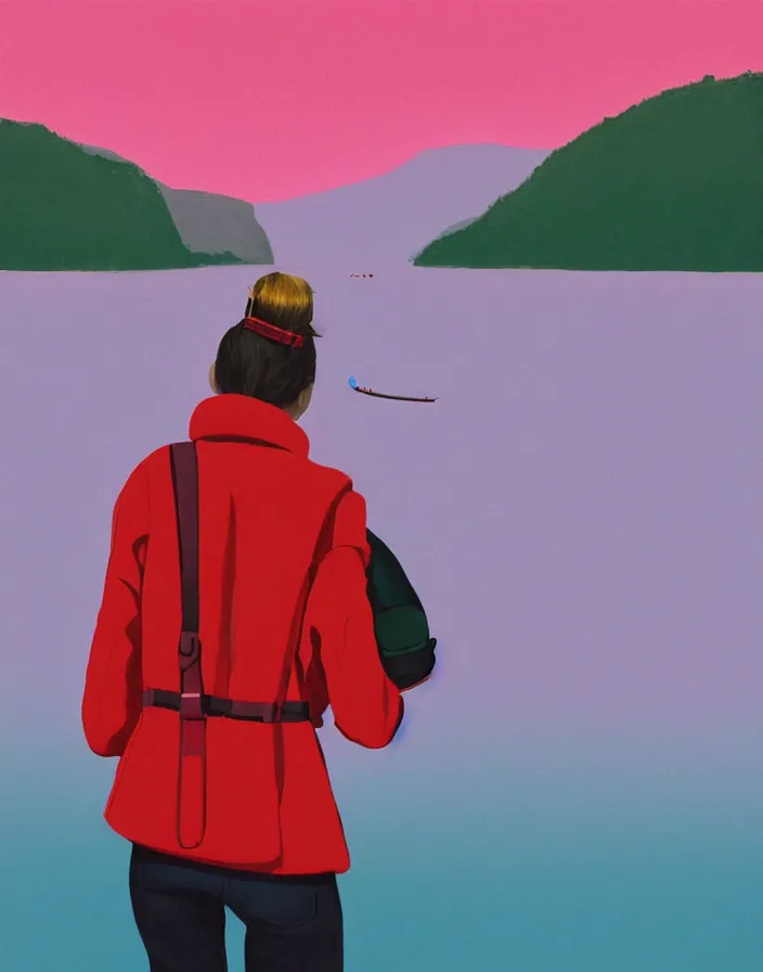 Image similar to wide shot rear view photographer woman hair in a bun kanzashi long red pattern coat backpack sneakers grasping a dslr camera while looking out over a placid lake, a character design painting, in the style of wes anderson, lola dupre, david hockney, isolated on negative white space background dark monochrome neon fluorescent spraypaint accents volumetric octane render, no double figure