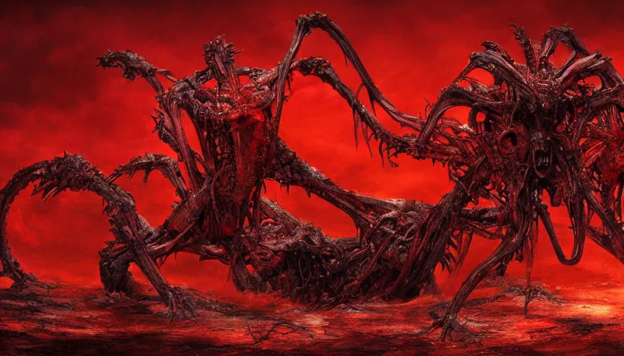 Image similar to landscape artwork of two demons hugging each other emerging from corpses in a red hellscape by Yoshitaka Amano, by HR Giger, full body wide shot, biomechanical, 4k, hyper detailed, hyperrealism, anime, red sky, blood and body parts, deviantart, artstation