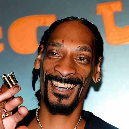 Image similar to Snoop Dog with big eyes eye color red , smiling and holding a joint in his hand