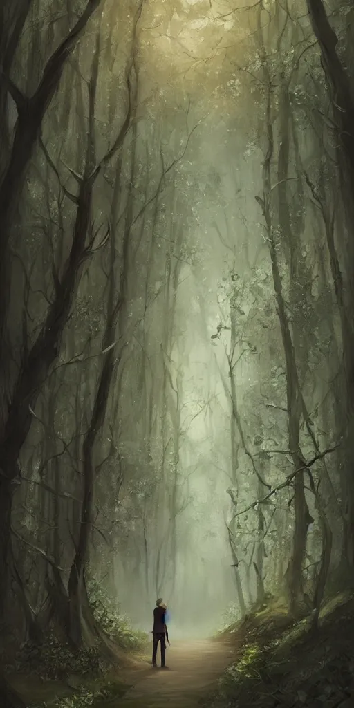 Prompt: a painting of a man walking down a path in a forest, a storybook illustration by charlie bowater, featured on deviantart, fantasy art, storybook illustration, detailed painting, enchanting