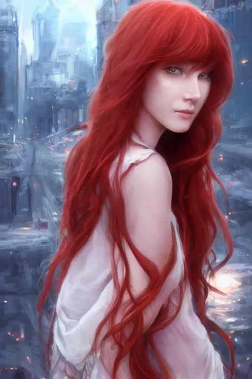Prompt: beautiful cute red haired joyful and playful 1 9 year old maiden standing up in casual clothing, long hair, modern city, rpg character, sci - fi, fantasy, intricate, elegant, digital painting, artstation, concept art, smooth, 8 k frostbite 3 engine, ultra detailed, art by artgerm and greg rutkowski and magali villeneuve