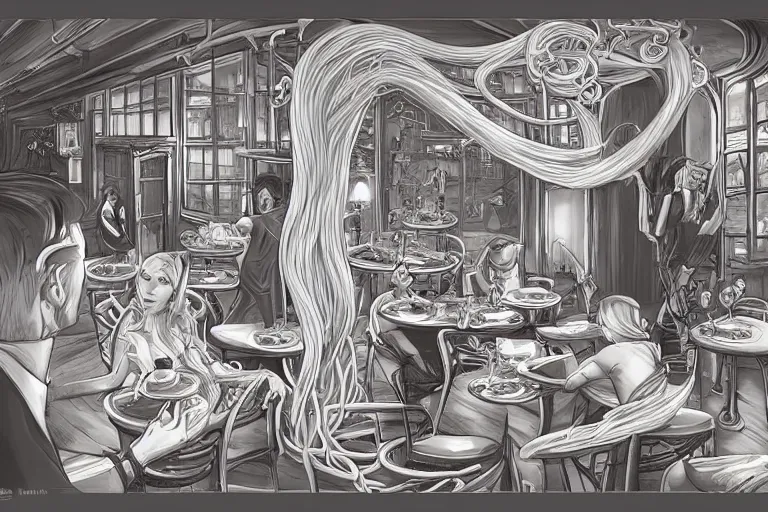 Prompt: magical restaurant serving tentacle-spaghetti to wizards, drawn by artgerm